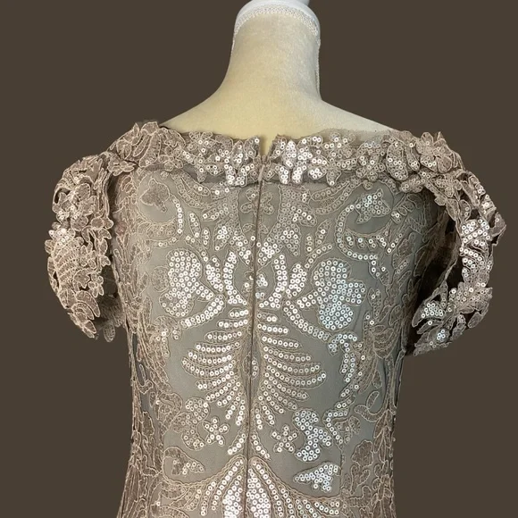 Tadashi Shoji Gown Size 8 Tan/Gold Lace Lined Cap Sleeve Wedding Formal Event